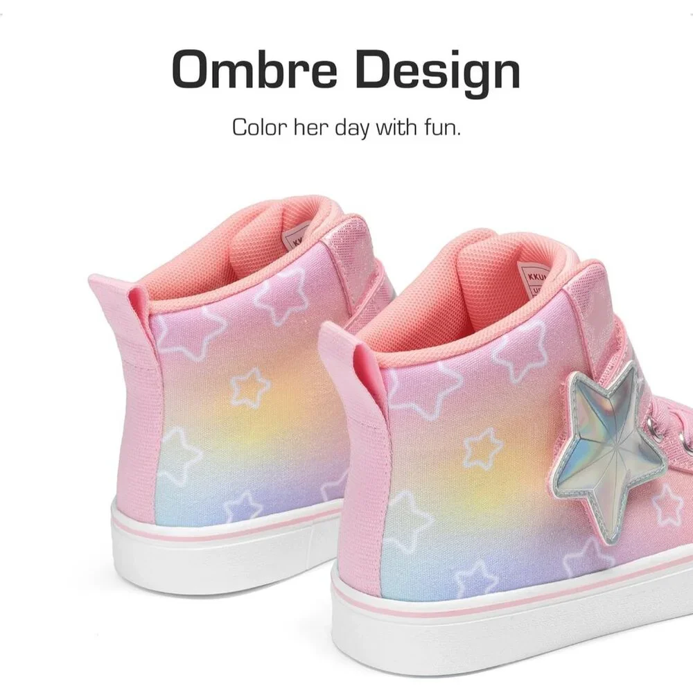 Kid's Girls Sneaker Hook Loop Sparkly Shiny Star Comfortable Casual Pink Shoes - Picture 3 of 6